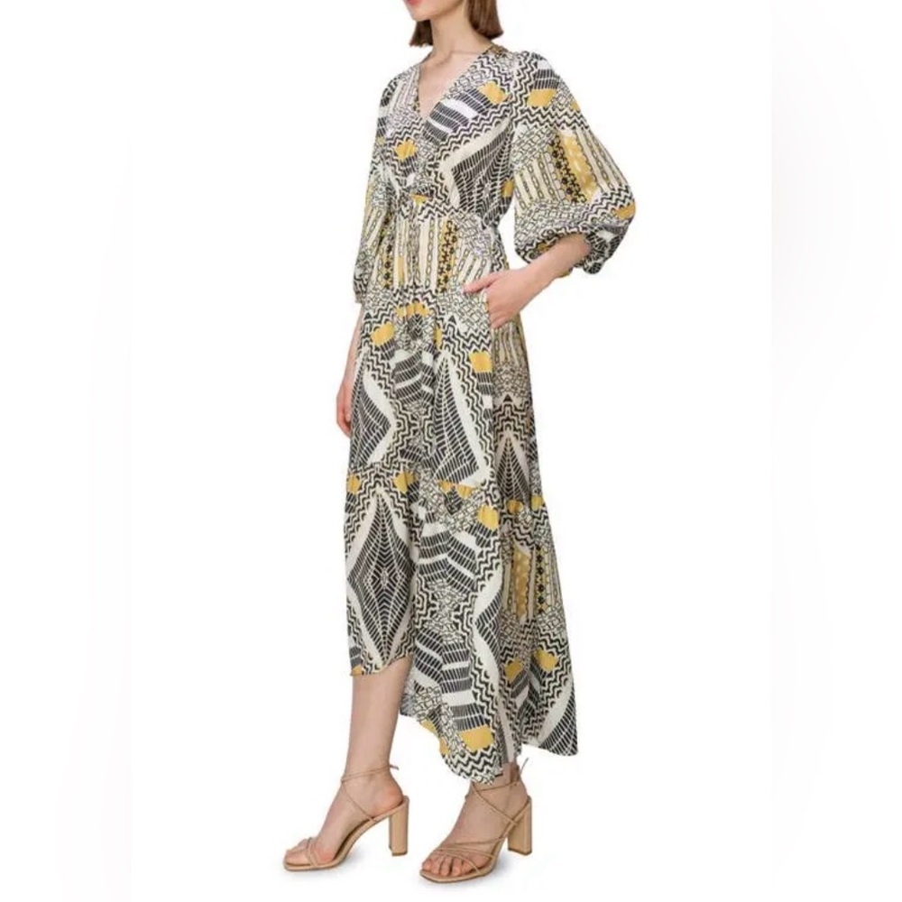 Melloday Print Tie Back Tiered Midi Dress Size S Boho Long Sleeve - Picture 4 of 8